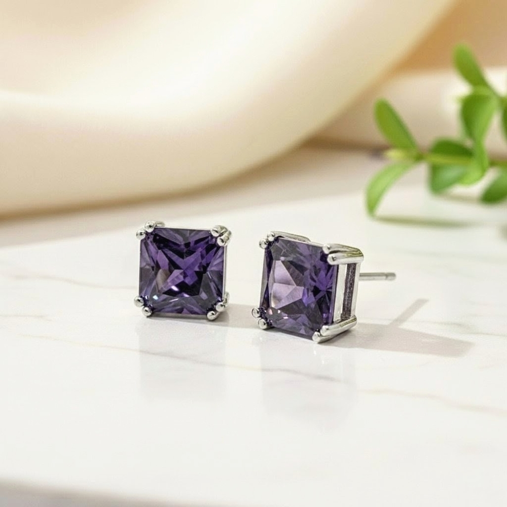 AAQUATIF 8mm Cushion-Cut Lab-Created Amethyst Studs Sterling Silver 5× Rhodium